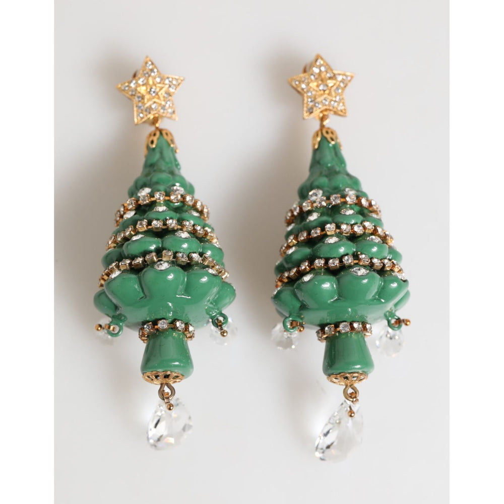 Dolce & Gabbana Gold Brass Multicolour Christmas Tree Earrings with green enamel, crystal embellishments, and star studs.