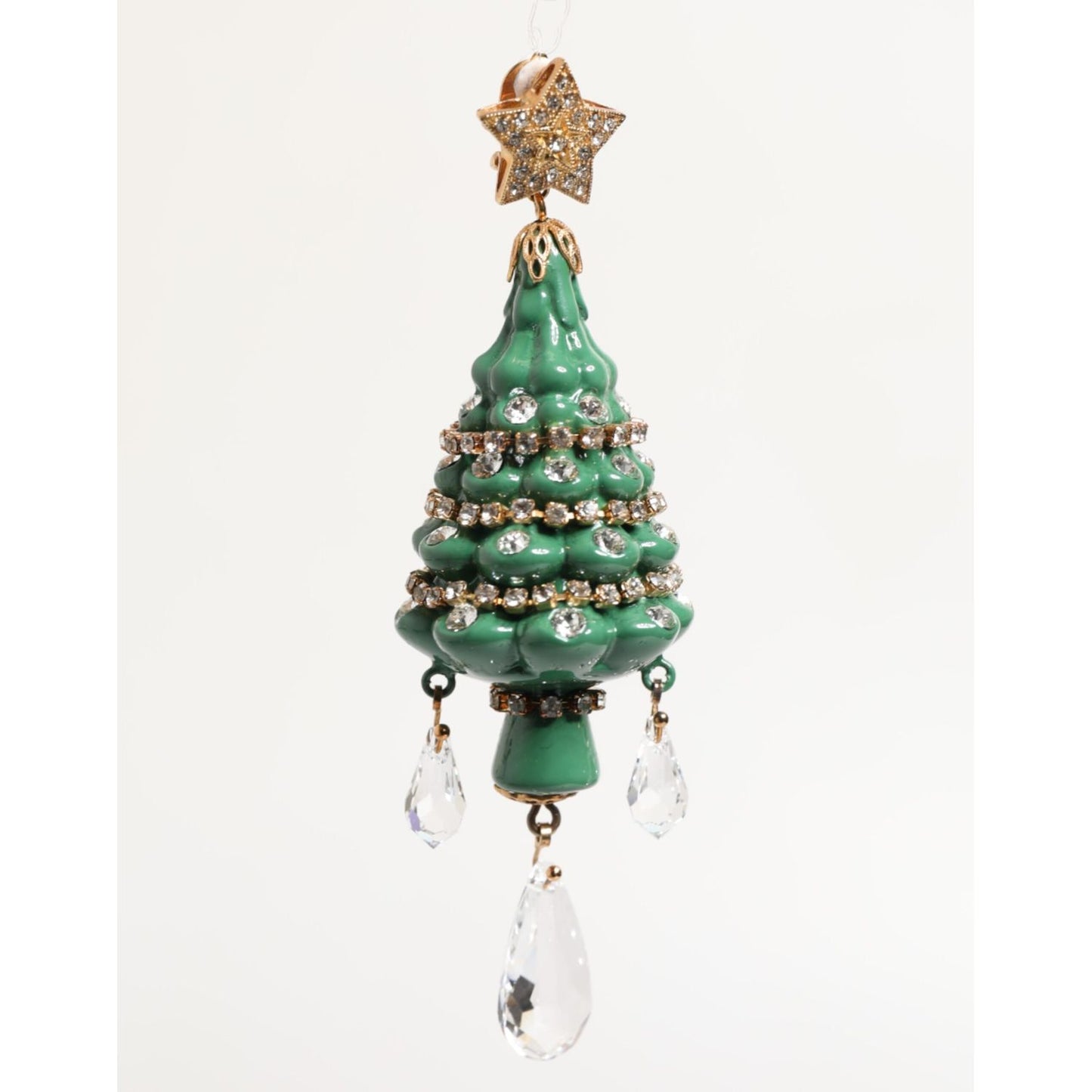 Dolce & Gabbana Gold Brass Multicolour Christmas Tree Earrings with crystals and enamel, featuring dangling teardrop crystals.