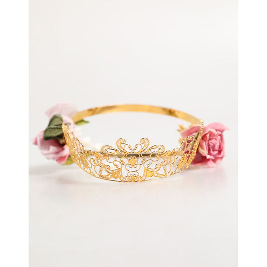 Dolce & Gabbana Gold Floral Tiara Pink Roses Crystal Crown Headband with intricate filigree design, perfect for weddings and special occasions.
