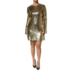 Dolce & Gabbana Gold Sequin Long Sleeve Mini Dress, dazzling golden attire with long sleeves and round neckline, ideal for special occasions.