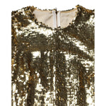 Close-up of Dolce & Gabbana Gold Sequin Long Sleeve Mini Dress with zipper closure and round neckline.