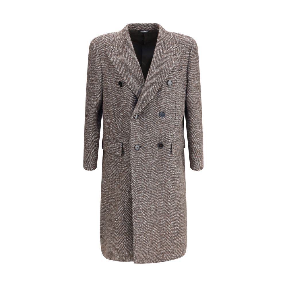 Dolce & Gabbana Gray Fleece Wool Coat with herringbone pattern, wide lapel, button closure, flap pockets, martingale, and back slit.