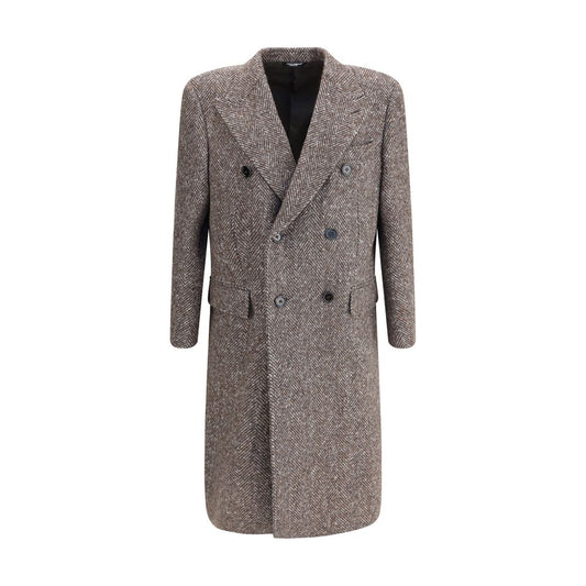 Dolce & Gabbana Gray Fleece Wool Coat, double-breasted with herringbone pattern, wide lapel, button closure, AW25 season.