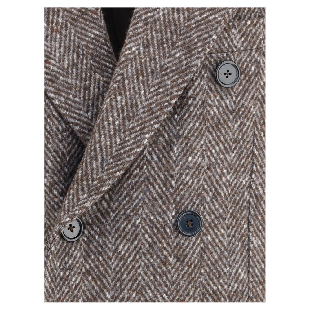 Dolce & Gabbana Gray Fleece Wool Coat with herringbone pattern and button closure, showcasing elegant double-breasted design.