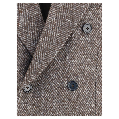 Dolce & Gabbana Gray Fleece Wool Coat with herringbone pattern and button closure, showcasing elegant double-breasted design.