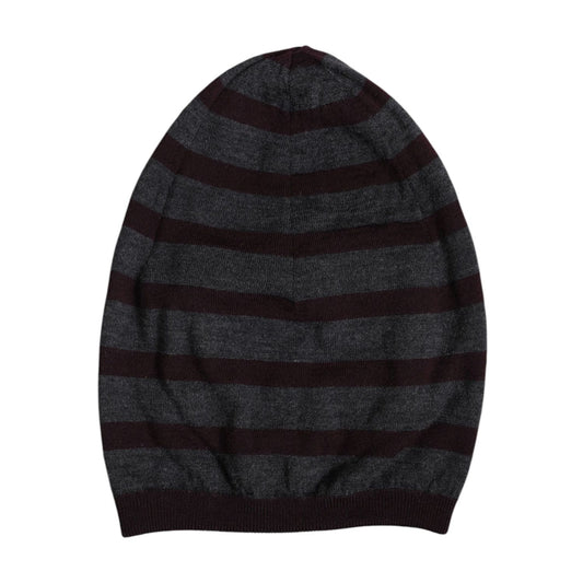 Dolce & Gabbana Gray Striped Wool Knitted Winter Beanie Hat - Men's stylish wool cap with logo details, made in Italy, luxury fashion accessory.