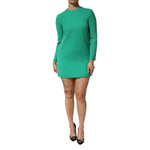 Dolce & Gabbana Green Viscose Acetate Mini Long Sleeve Dress with crew neckline and zipper closure, worn by a model.