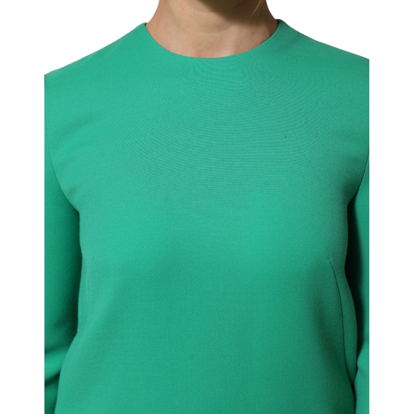 Dolce & Gabbana Green Viscose Acetate Mini Long Sleeve Dress close-up showing crew neckline and vibrant color.