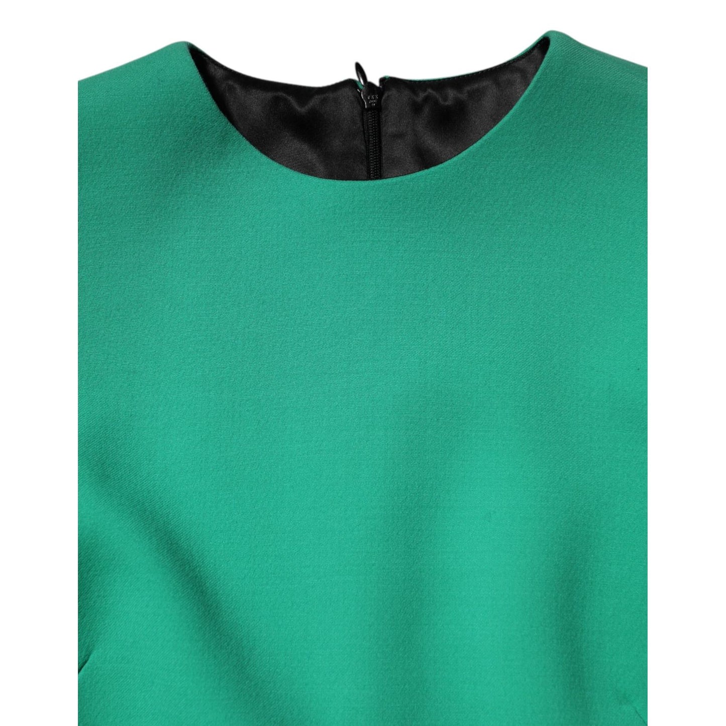Dolce & Gabbana Green Viscose Acetate Mini Long Sleeve Dress close-up, featuring crew neckline and zipper closure details.