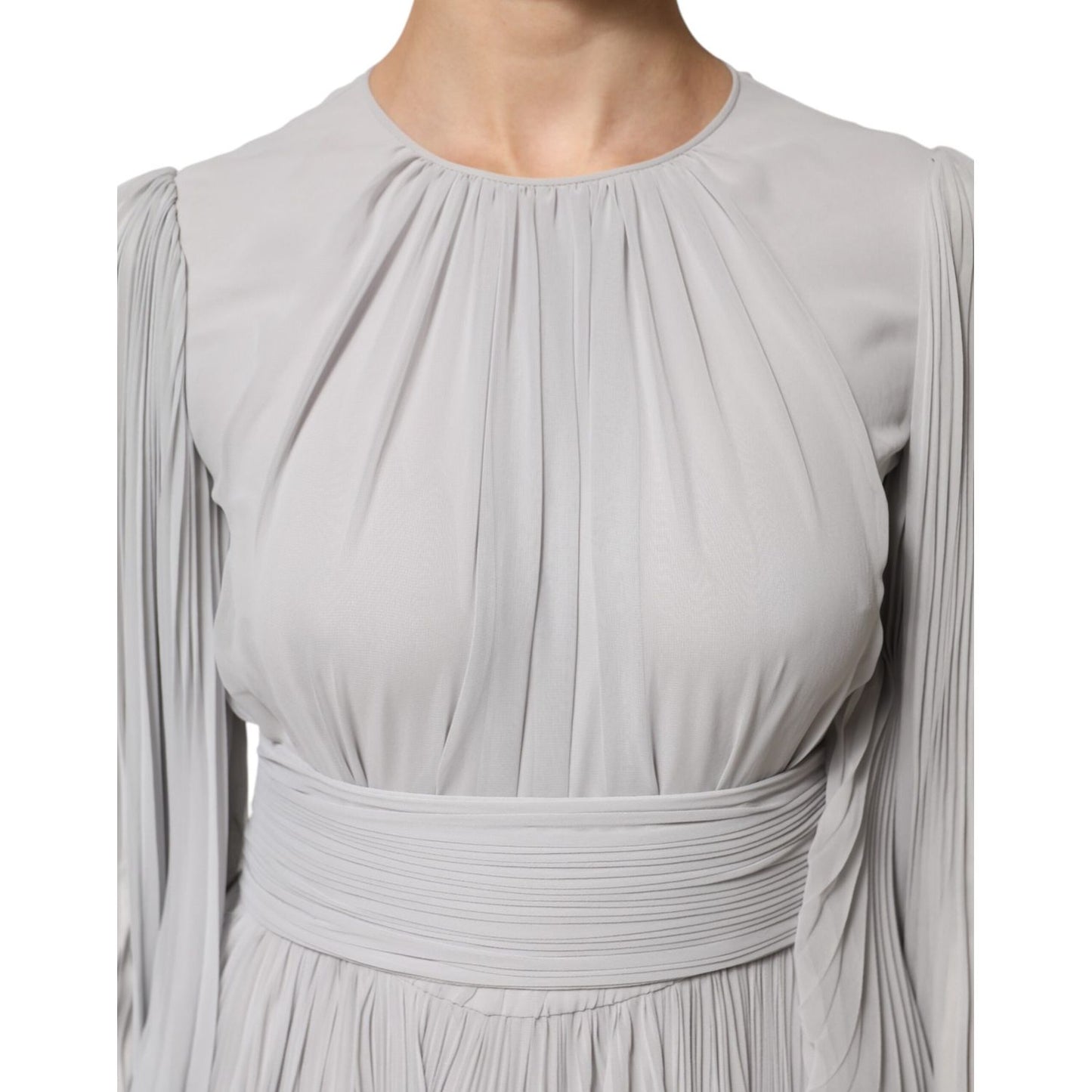 Dolce & Gabbana Grey Pleated Maxi Long Sleeve Silk Blend Gown Dress