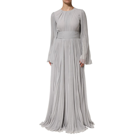 Dolce & Gabbana Grey Pleated Maxi Long Sleeve Silk Blend Gown Dress with flared sleeves and cinched waist, perfect for special occasions.