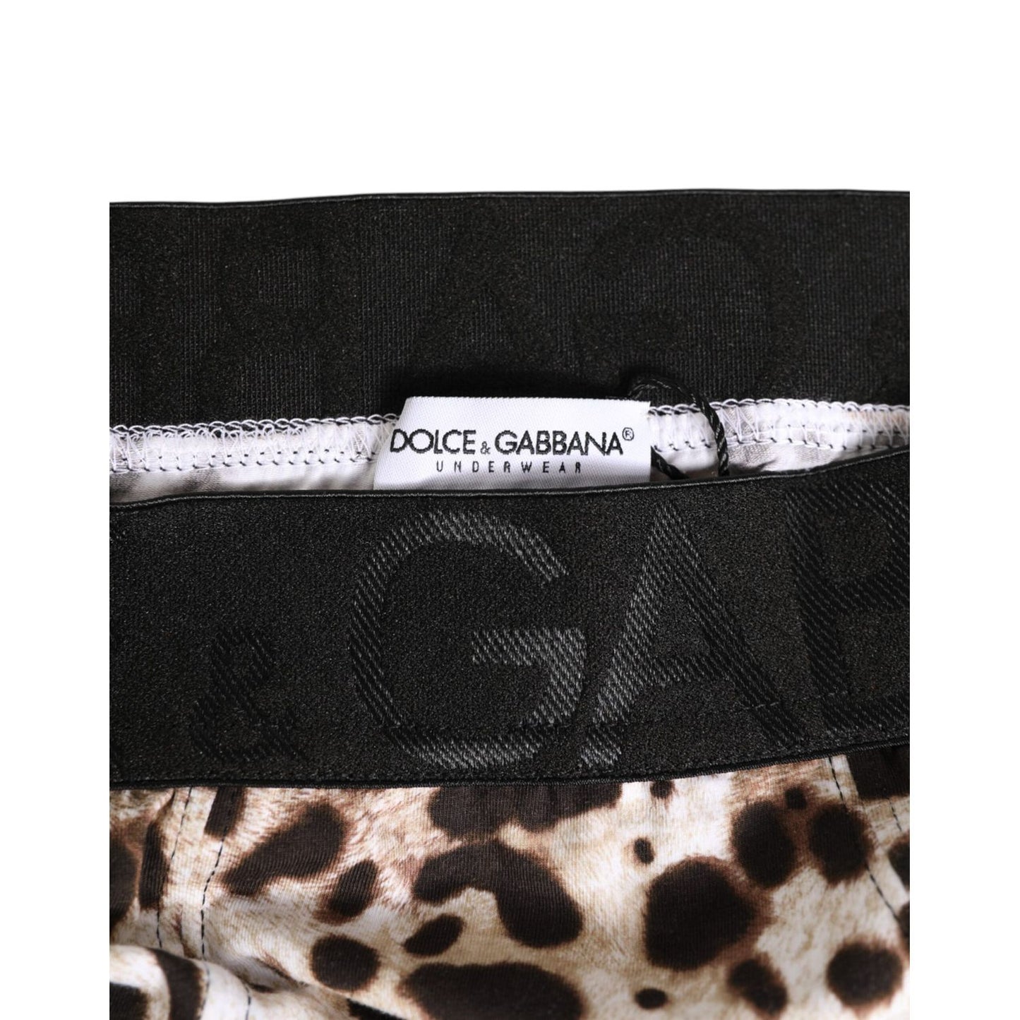 Dolce & Gabbana Leopard Print Black Waistband Cotton Underwear close-up view with iconic branding and leopard design.