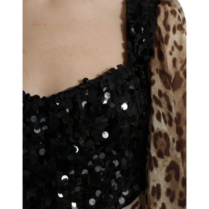 Dolce & Gabbana Leopard Print Silk Sequin Ruffle Maxi Dress