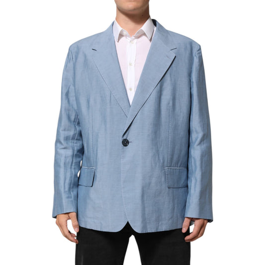 Dolce & Gabbana Light Blue Linen Double Breasted Men Jacket Blazer with front button closure and pockets.