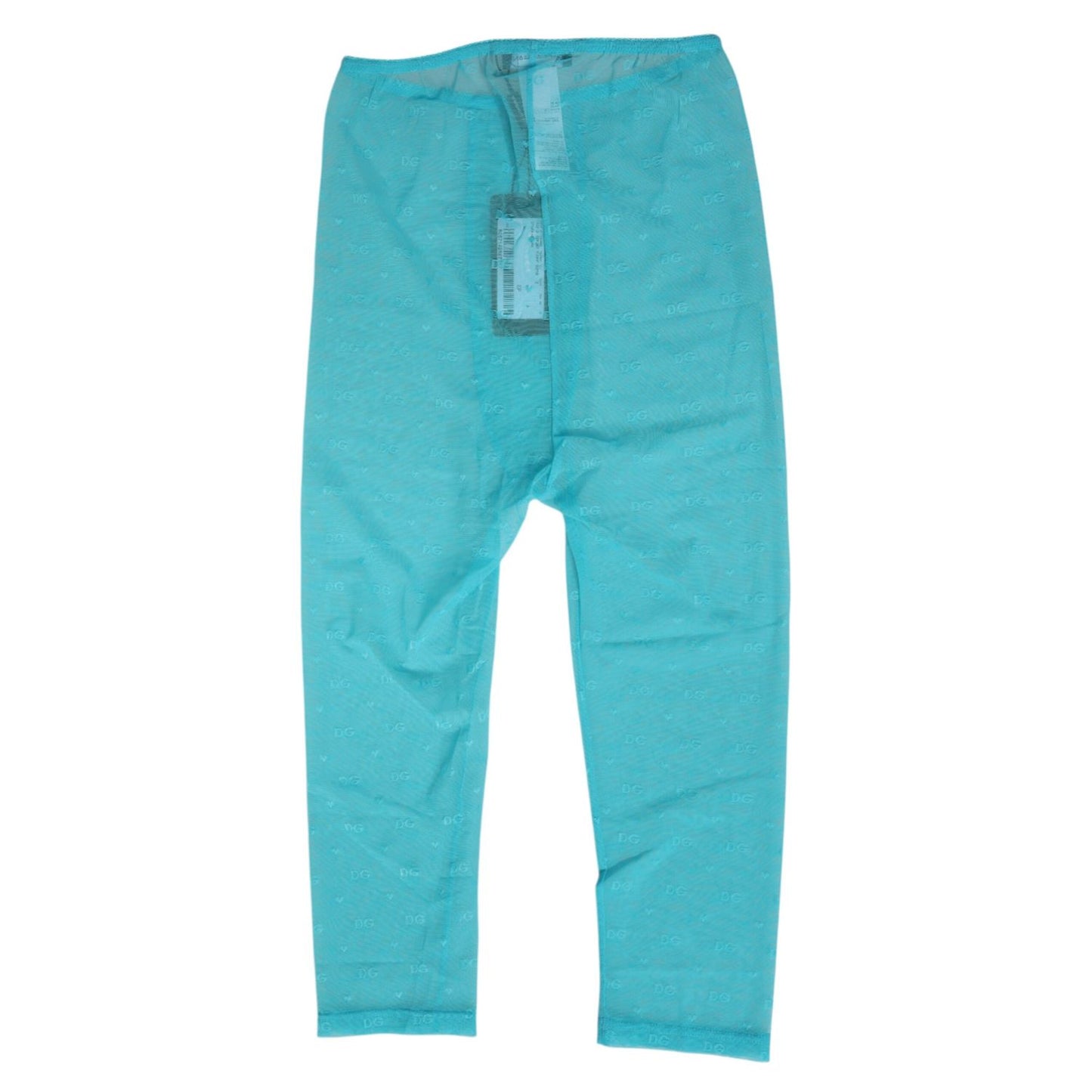 Dolce & Gabbana Light Blue Logo Lace Tight Midi Trouser Underwear, featuring delicate lace and logo pattern, made in Italy.