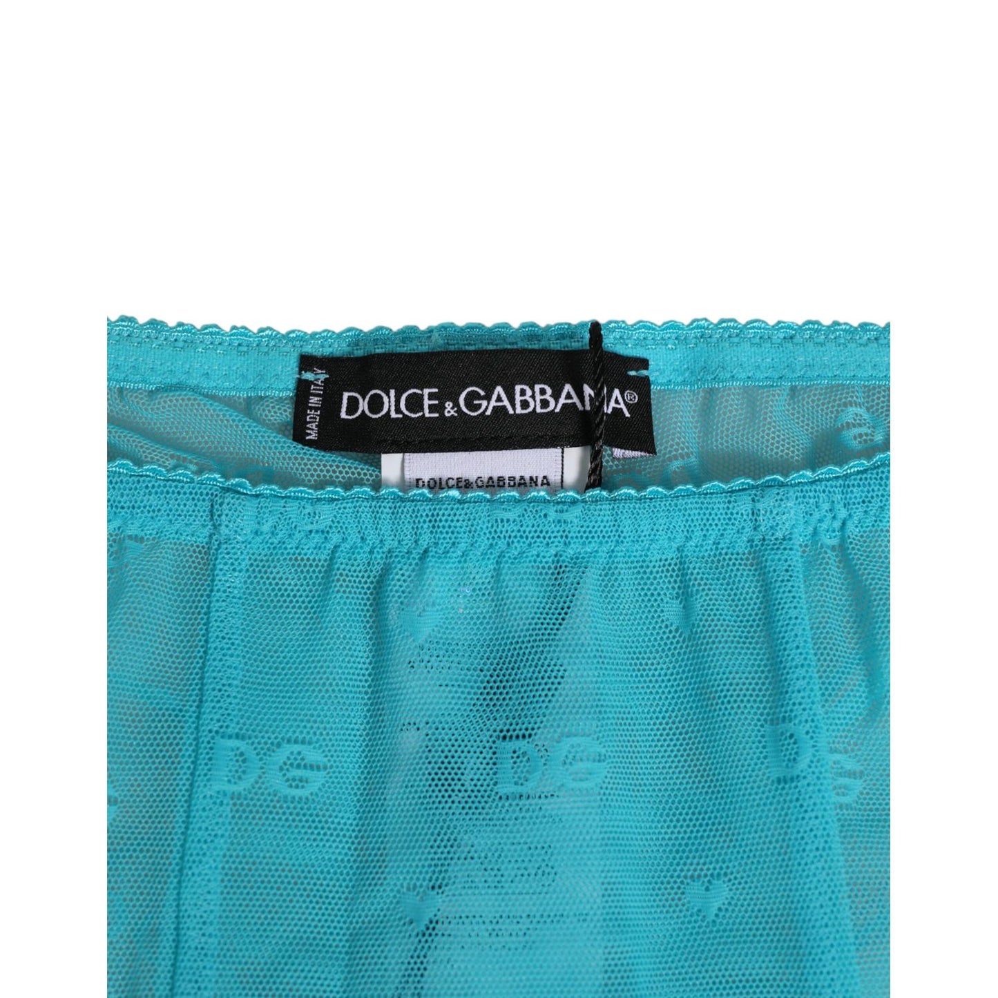 Dolce & Gabbana Light Blue Logo Lace Tight Midi Trouser Underwear close-up showing delicate lace and logo details.