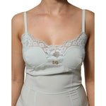 Dolce & Gabbana Light Blue Silk Lace Midi Bodycon Slip Dress with DG logo and lace details.