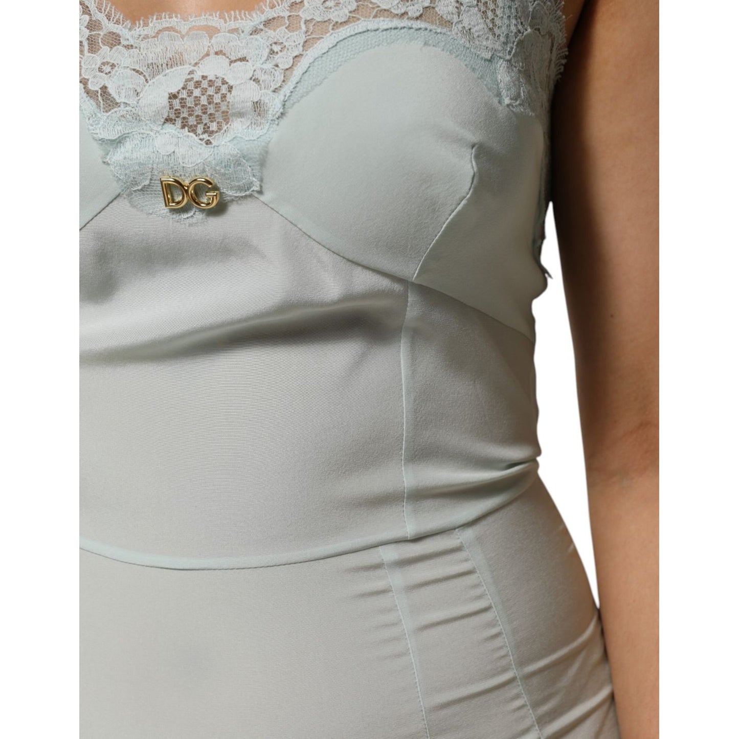 Dolce & Gabbana Light Blue Silk Lace Midi Bodycon Slip Dress detail showing DG logo and lace accent