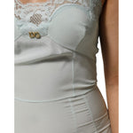 Dolce & Gabbana Light Blue Silk Lace Midi Bodycon Slip Dress detail showing DG logo and lace accent