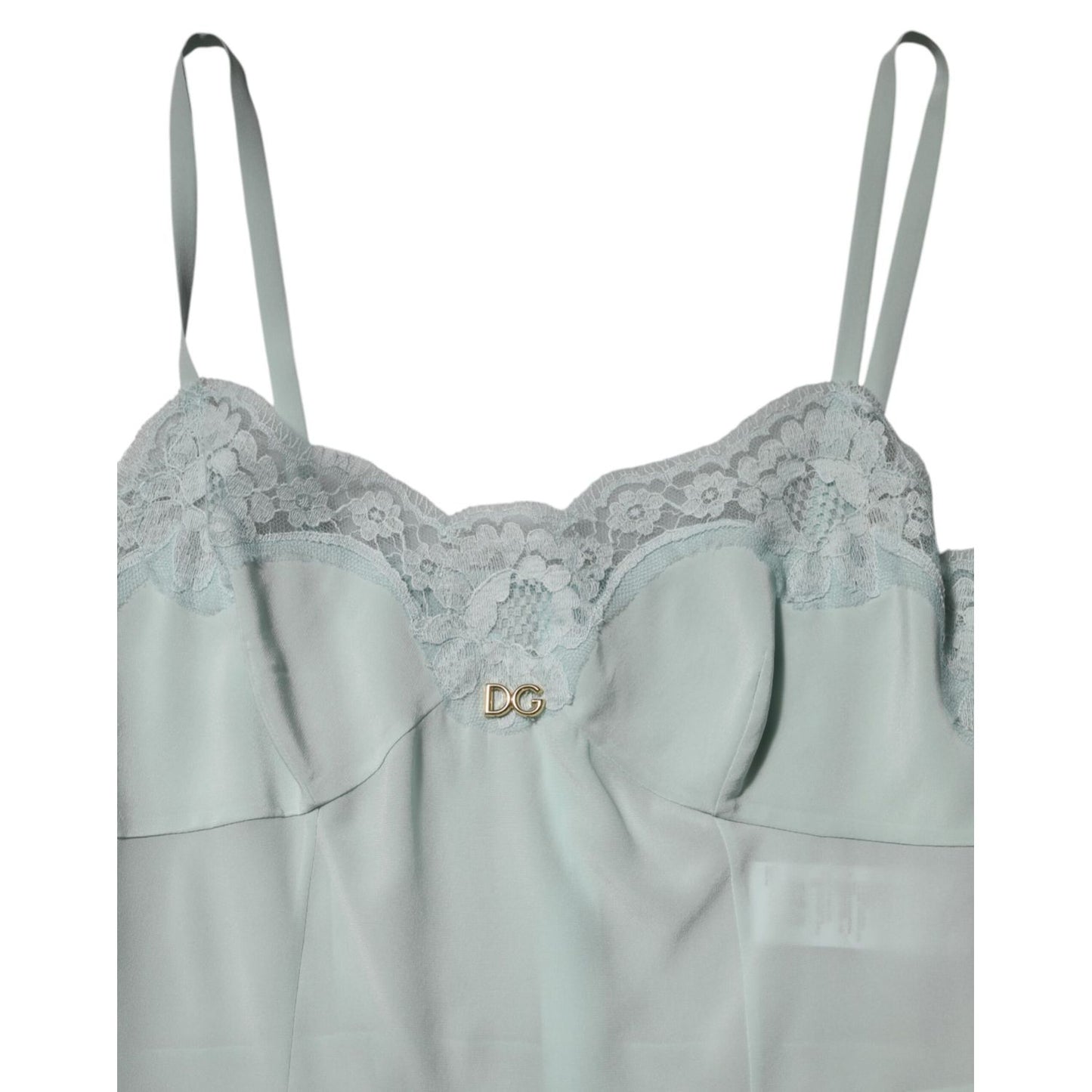 Dolce & Gabbana Light Blue Silk Lace Midi Bodycon Slip Dress with DG logo and spaghetti straps, elegant and sophisticated design.