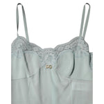 Dolce & Gabbana Light Blue Silk Lace Midi Bodycon Slip Dress with DG logo and spaghetti straps, elegant and sophisticated design.