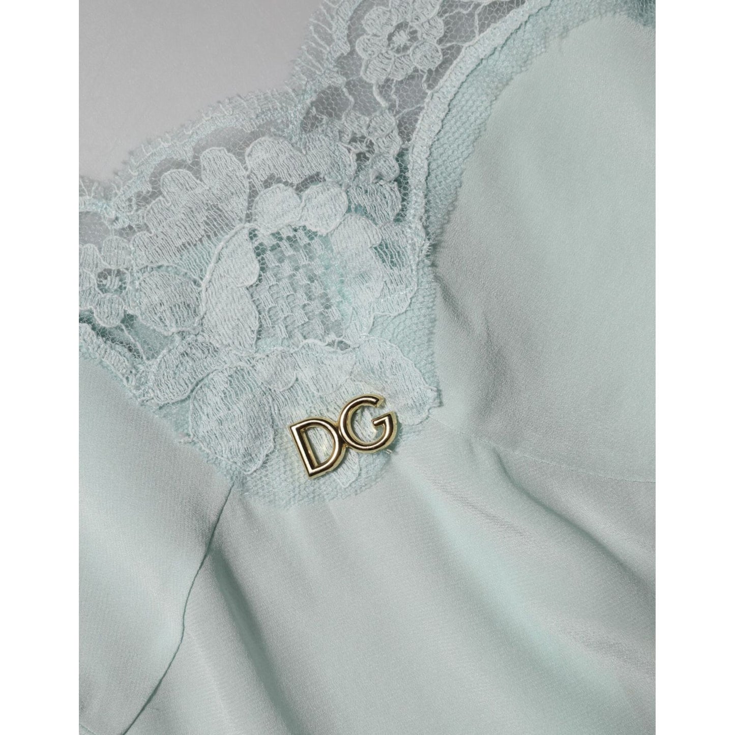 Dolce & Gabbana Light Blue Silk Lace Midi Bodycon Slip Dress with DG logo detail and delicate lace at the bust, elegant and feminine style.