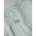 Dolce & Gabbana Light Blue Silk Lace Midi Bodycon Slip Dress with DG logo detail and delicate lace at the bust, elegant and feminine style.