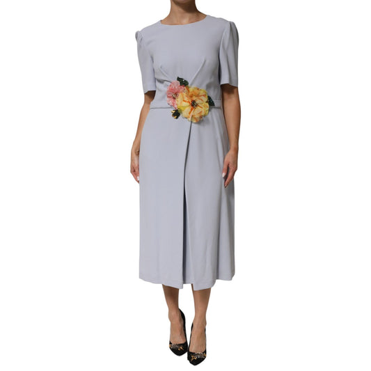 Dolce & Gabbana Light Blue Viscose Blend Floral Applique Dress with short sleeves and round neckline, ideal for special occasions.