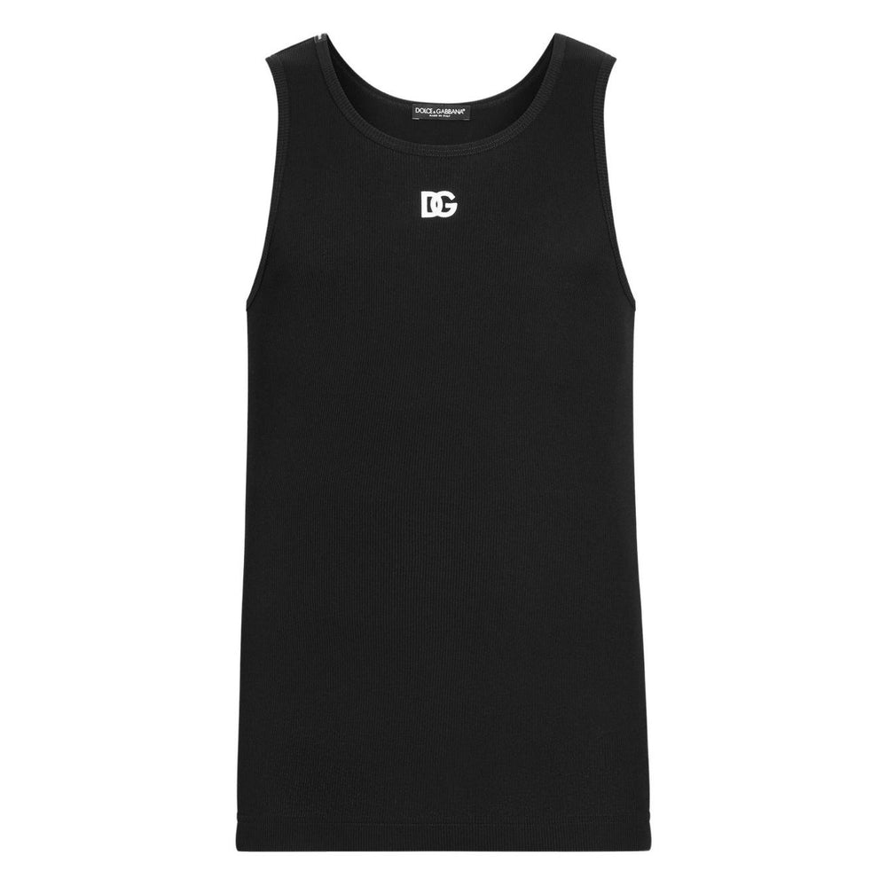 Dolce & Gabbana Logo cotton tank top in black with embroidered front logo, round neck, sleeveless, and straight hem.