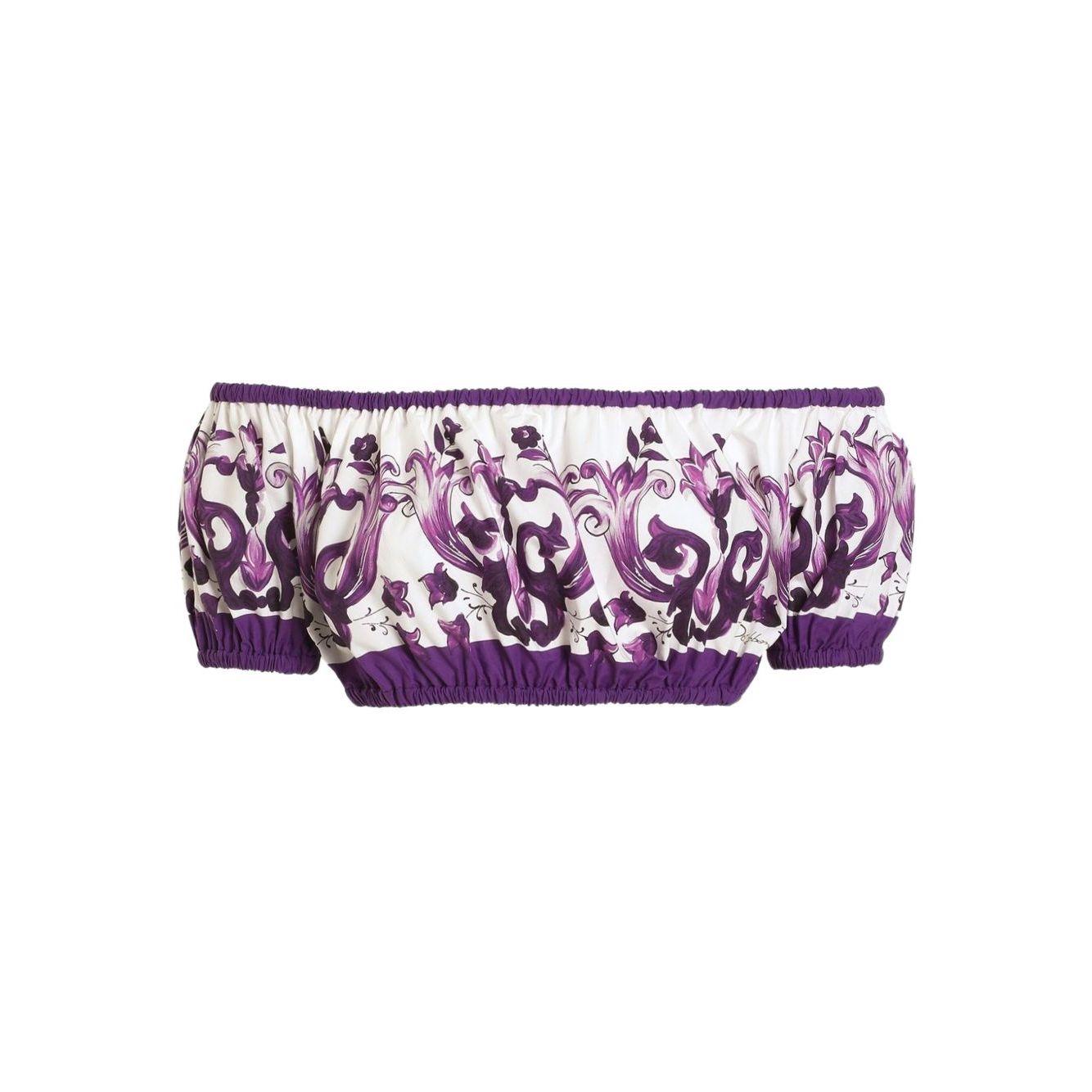 Dolce & Gabbana Maiolica print cotton top, white off-shoulder with elasticated trim and purple design.