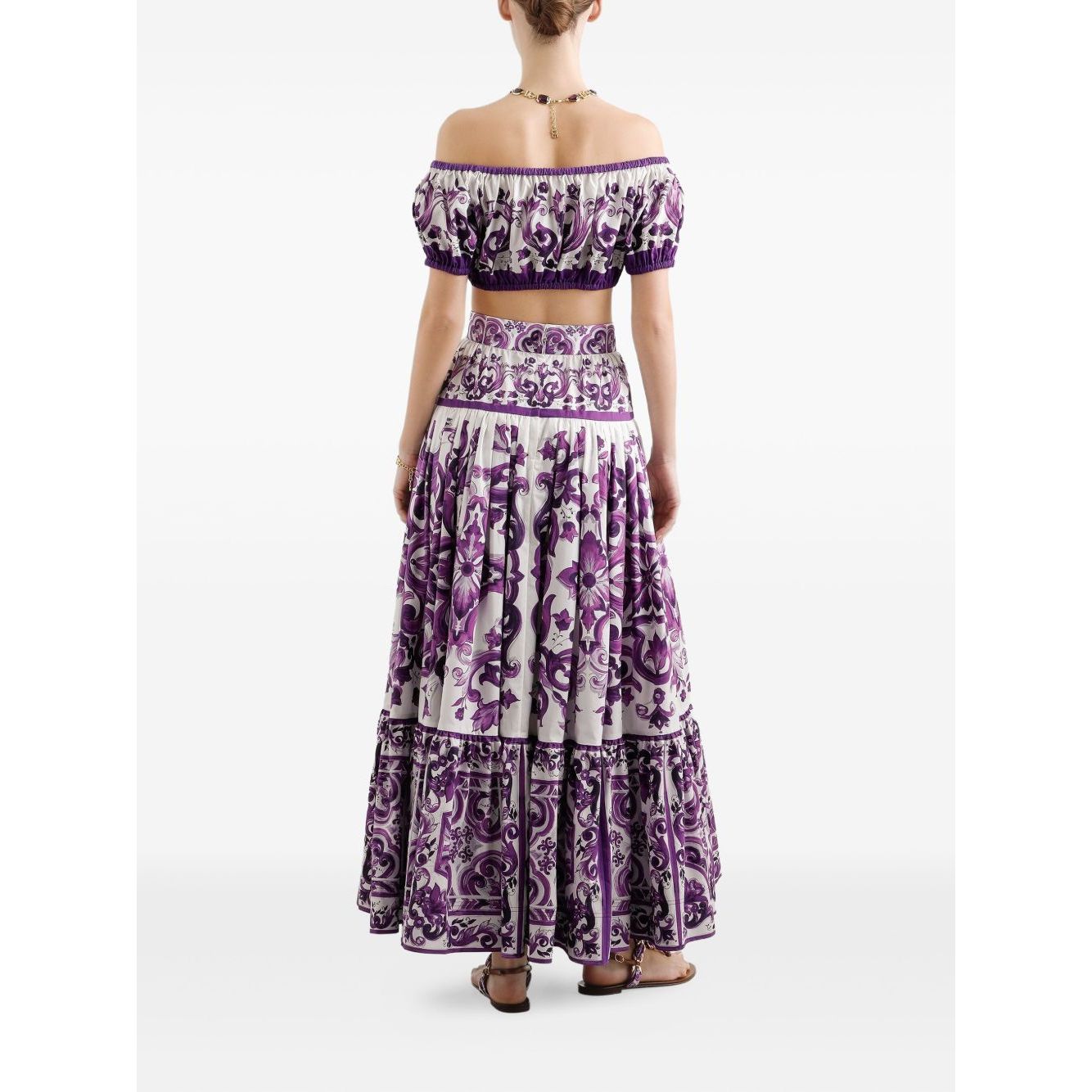 Dolce & Gabbana Maiolica print cotton top, white off-shoulder short sleeves with elasticated trim and Maiolica print.
