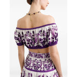 Dolce & Gabbana Maiolica print cotton top, white off-shoulder short sleeves with elasticated trim, featuring purple Maiolica design.