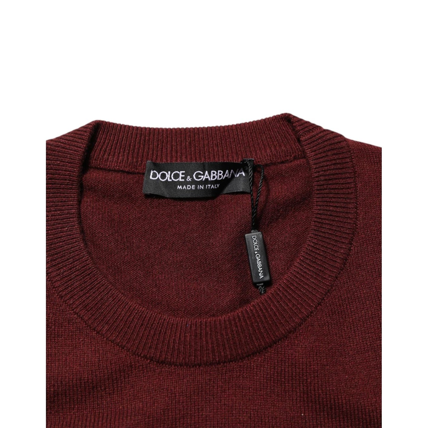 Dolce & Gabbana Maroon Cashmere Crew Neck Pullover Sweater with ribbed detailing and logo tag