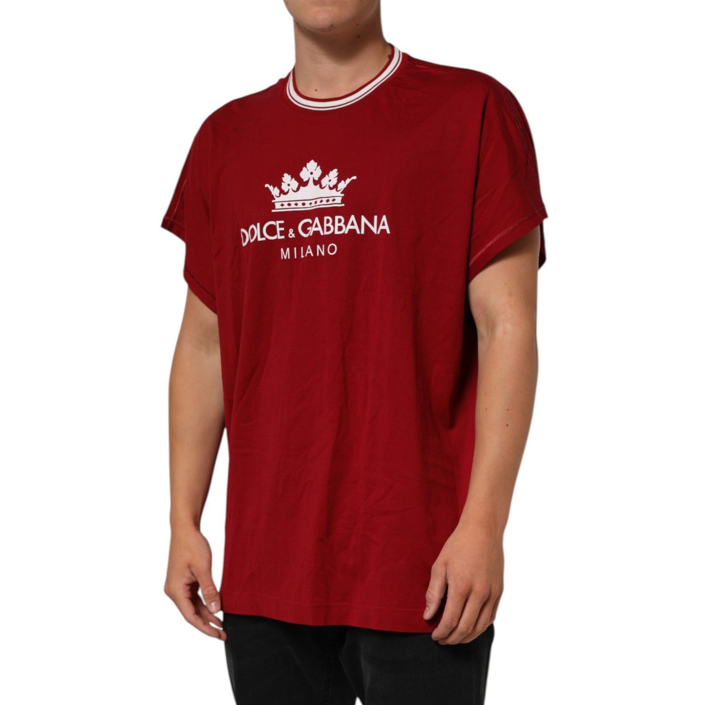 Dolce & Gabbana Maroon LogoCrown Cotton Half Sleeve T-shirt on model, featuring iconic logo detail, crew neck, premium cotton material.