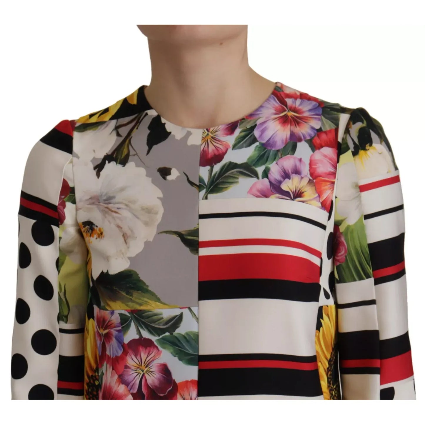 Dolce & Gabbana Multicolor Pachwork Charmeuse Floral Shift Dress with striking floral prints and luxurious silk design.
