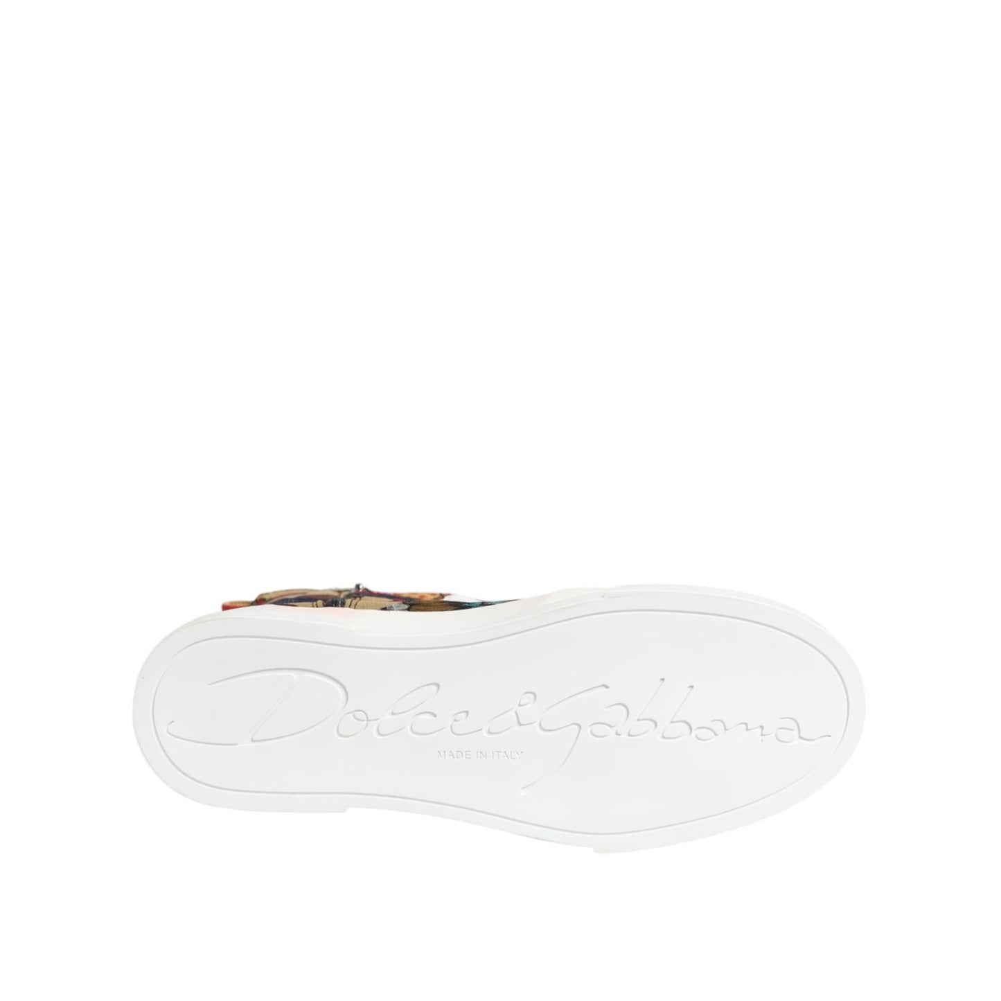 Sole view of Dolce & Gabbana Multicolor Patchwork High Top Sneakers Shoes showcasing logo detail, made in Italy.