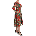 Dolce & Gabbana Multicolor Portofino-Print Shift Dress in white with red floral print, V-neck, long sleeves, silk material, side view.