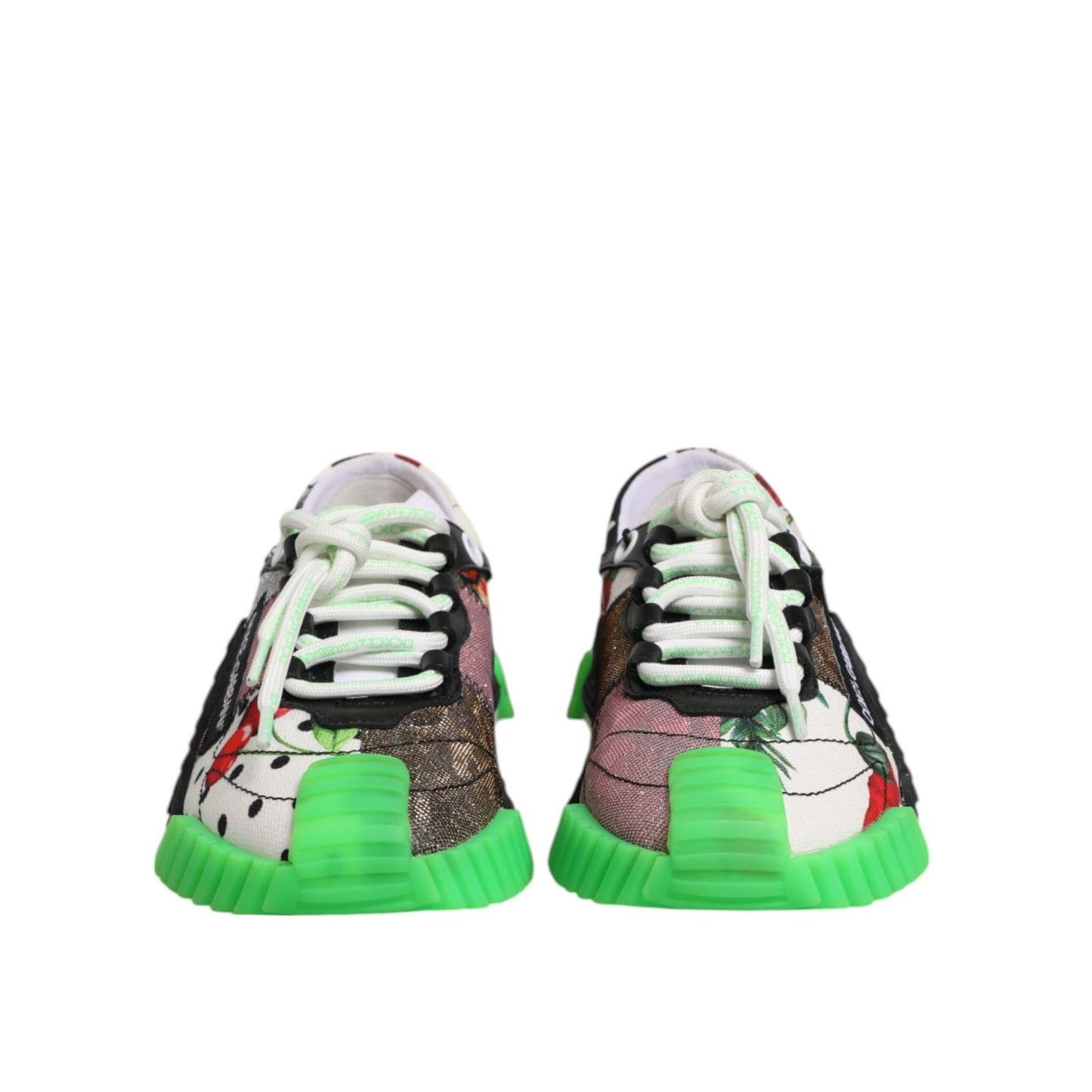 Dolce & Gabbana Multicor DG Logo Leopard Cherry Sneaker Shoes with green soles shown from the front, showcasing unique patchwork design.