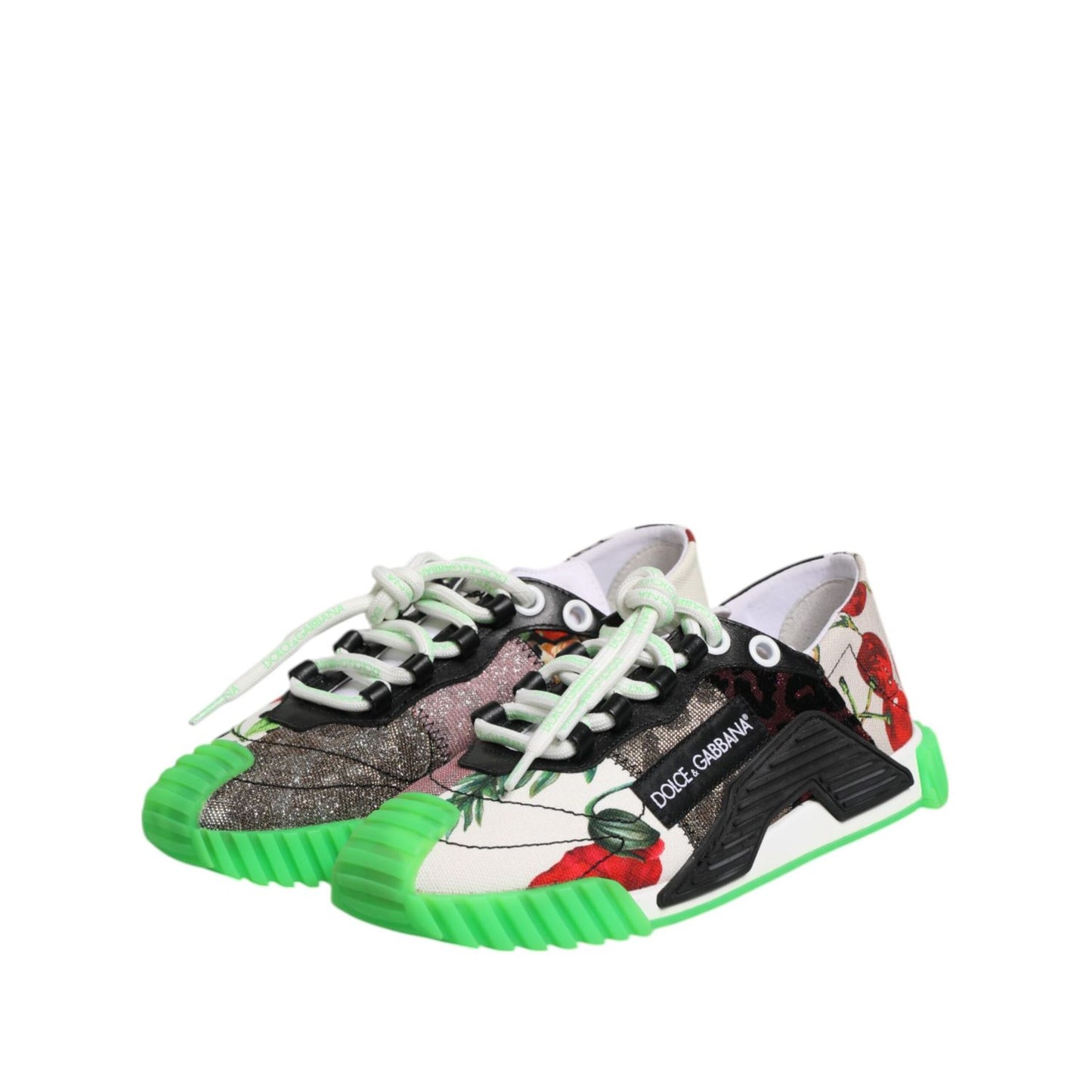 Dolce & Gabbana Multicor DG Logo Leopard Cherry Sneaker Shoes with green soles and cherry pattern design.