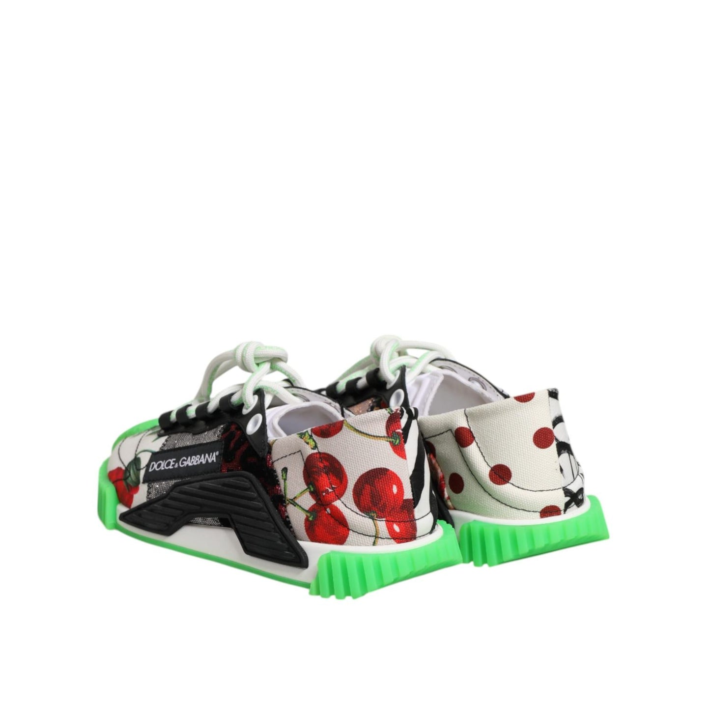 Dolce & Gabbana Multicor DG Logo Leopard Cherry Sneaker Shoes with green soles and cherry pattern, view of back design.