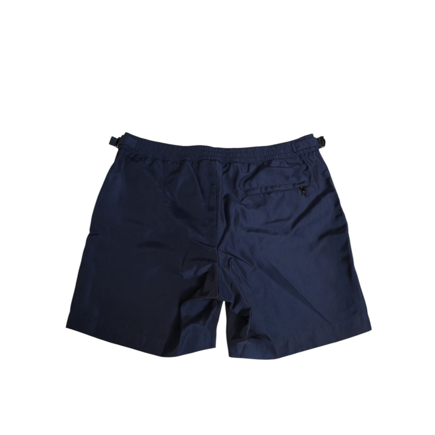 Back view of Dolce & Gabbana Navy Blue Polyester Logo Buckle Waist Swimwear shorts in tailored design.