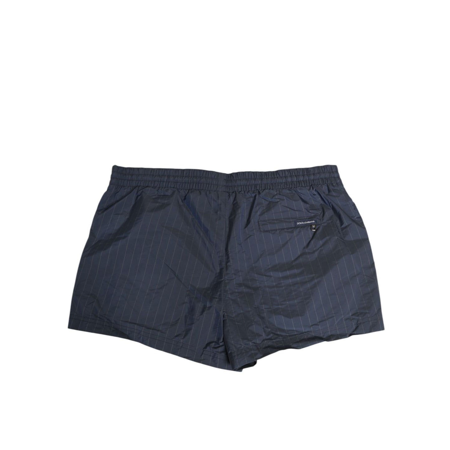 Dolce & Gabbana Navy Blue Polyester Nylon Pinstripe Men's Swimwear with elastic waistband and drawstring, stylish Italian design.