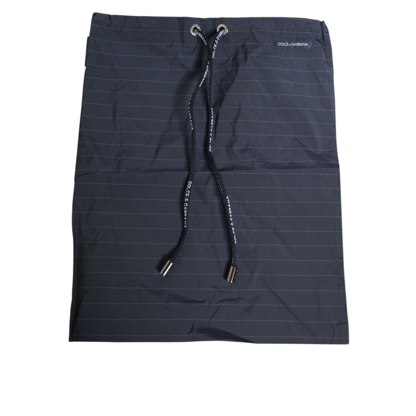 Dolce & Gabbana Navy Blue Polyester Nylon Pinstripe Men's Swimwear with drawstring detail.