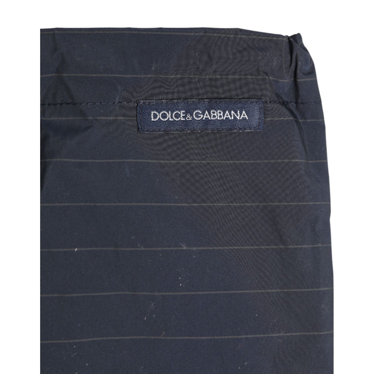 Dolce & Gabbana Navy Blue Polyester Nylon Pinstripe Men's Swimwear with elastic waistband and logo detailing