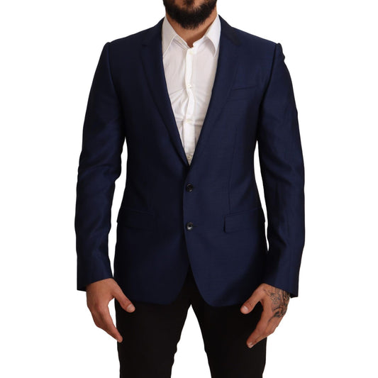 Dolce & Gabbana Navy Blue Slim Fit Jacket MARTINI Blazer showcasing front view, featuring notch lapel, single-breasted style, and elegant design.