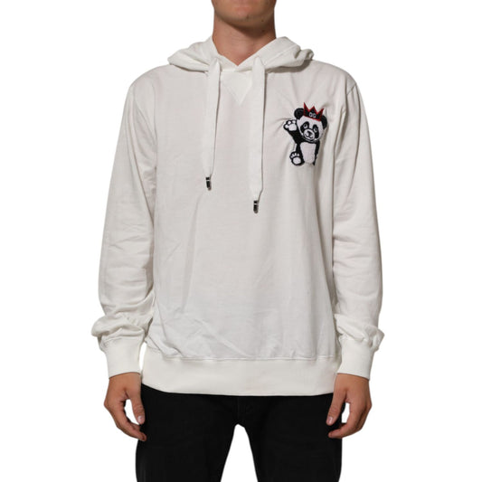 Dolce & Gabbana Off White Cotton Panda Hooded Sweatshirt Sweater with playful panda patch and drawstring hood.