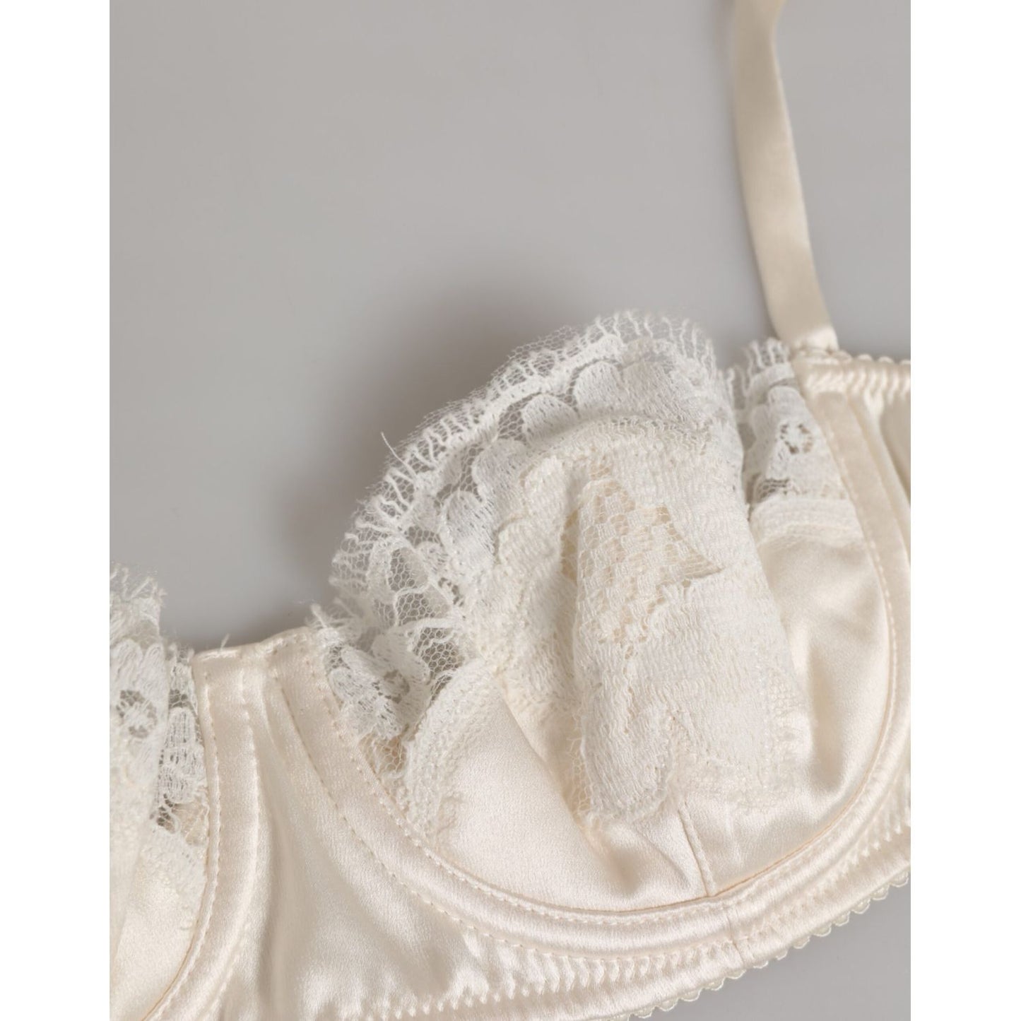 Dolce & Gabbana Off White Silk Underwired Balconette Bra Underwear with lace details, luxurious design for elegance.