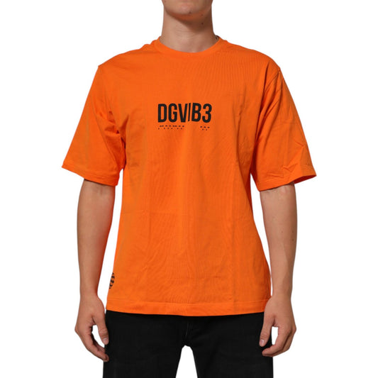 Dolce & Gabbana Orange DGVIB3 Crew Neck Short Sleeves T-shirt, model wearing vibrant cotton tee with bold logo design.