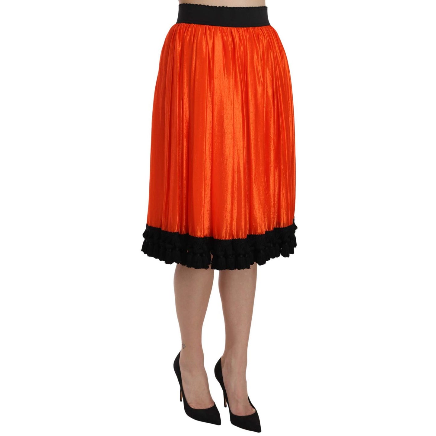 Dolce & Gabbana Orange High Waist Knee Length Skirt with black trim and zipper closure, made in Italy 84% nylon 16% silk.