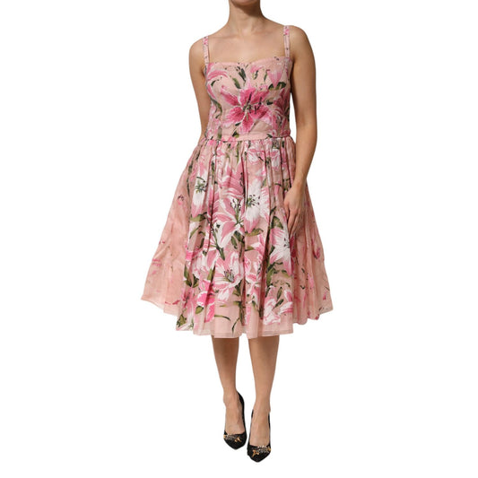Dolce & Gabbana Pink Cotton Floral Pleated Sleeveless Dress with lily print and adjustable straps